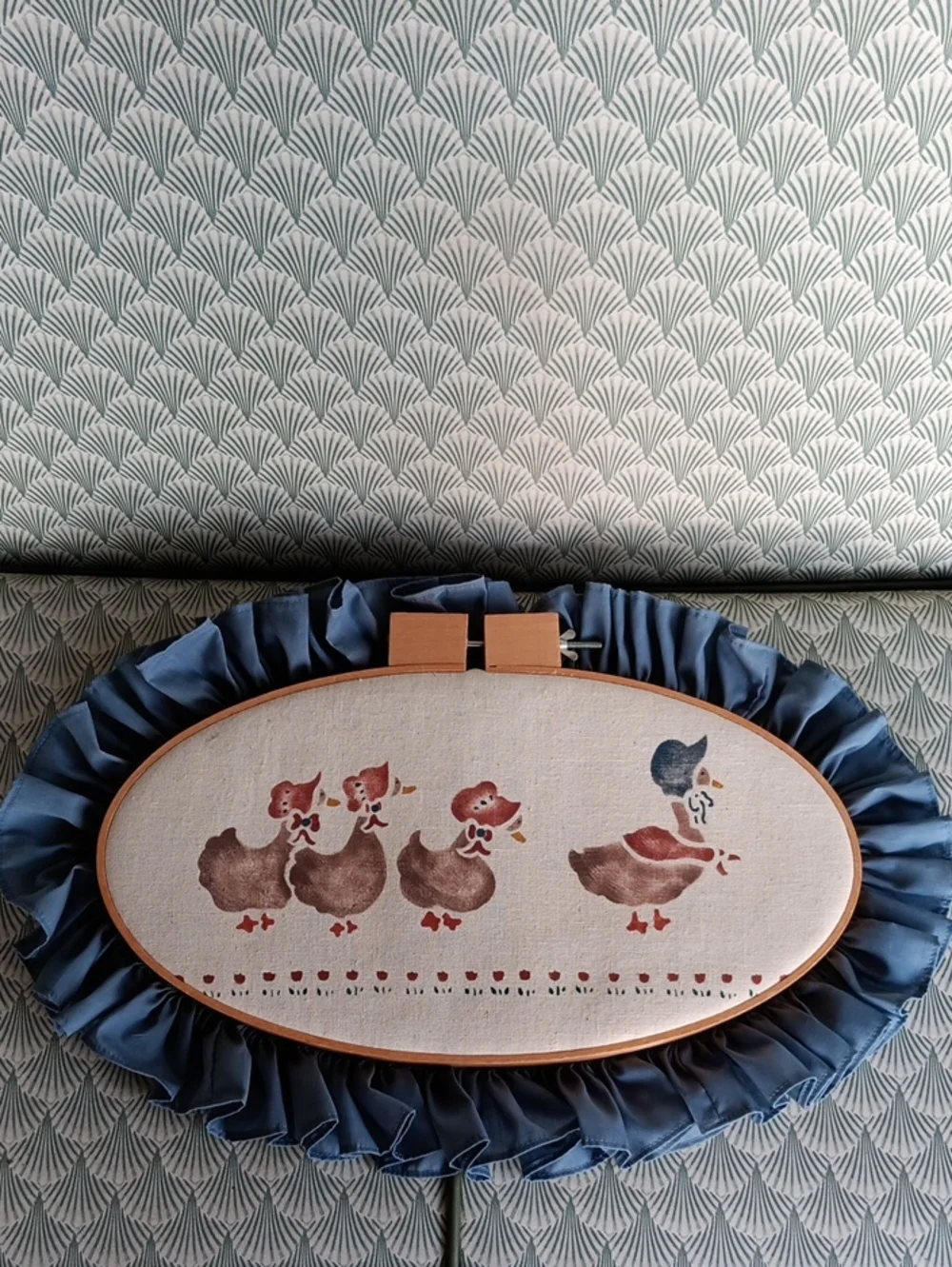 Handcrafted Blue Frill Oval Duck Embroidery Wall Art